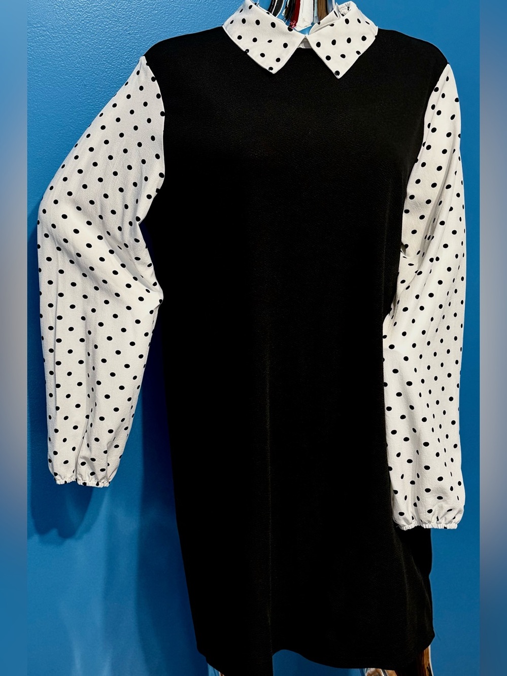 Vintage inspired Black Dress with White Polka Dot Sleeves and Collar
